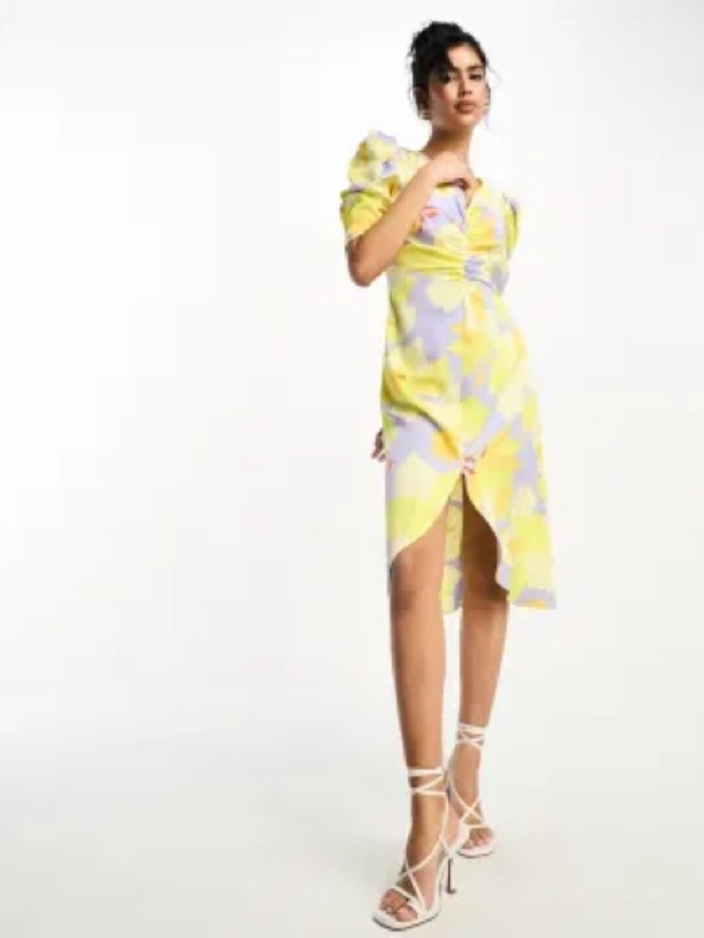 Floral Twist-Front Midi Dress in Yellow and Lavender